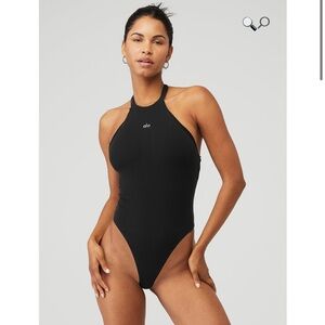 Alo Yoga Goddess Rib Prime Time Halter Bodysuit Tank Top in Black